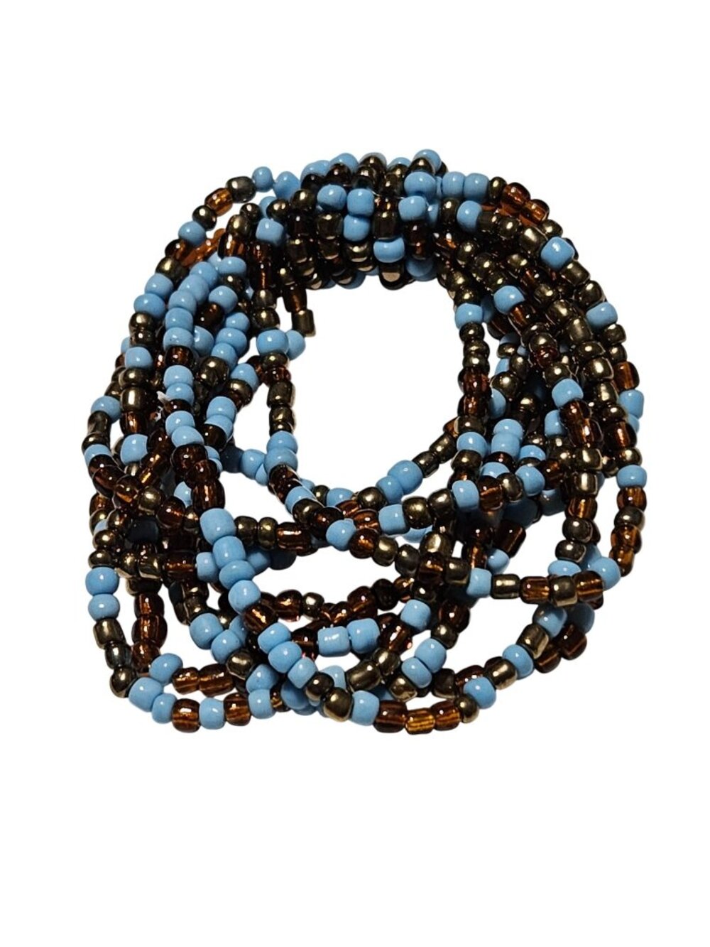 Handmade Seed Beaded Stretch Bracelet Multi Strand Light Blue Bronze Beads